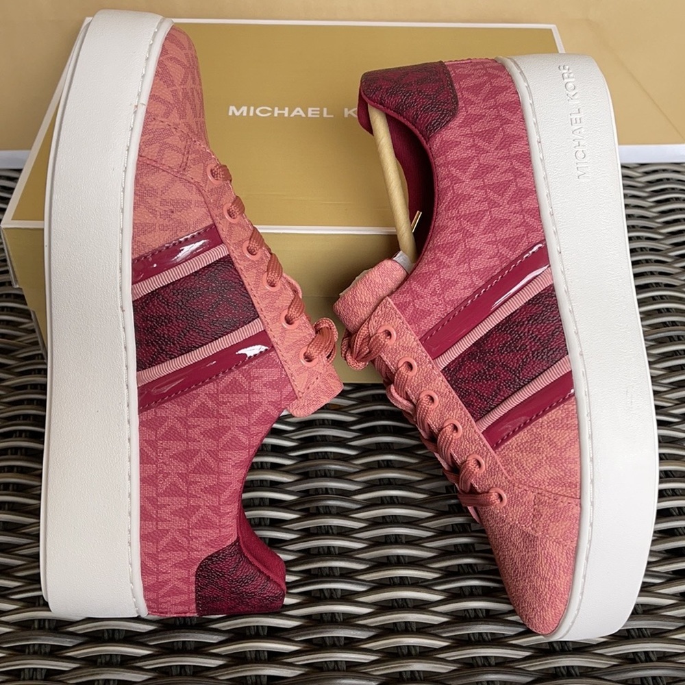 Michael Kors Poppy Stripe Lace Up MK Signature SM 49F1POFS2B Berry Multi WMNS - Picture 2 of 16